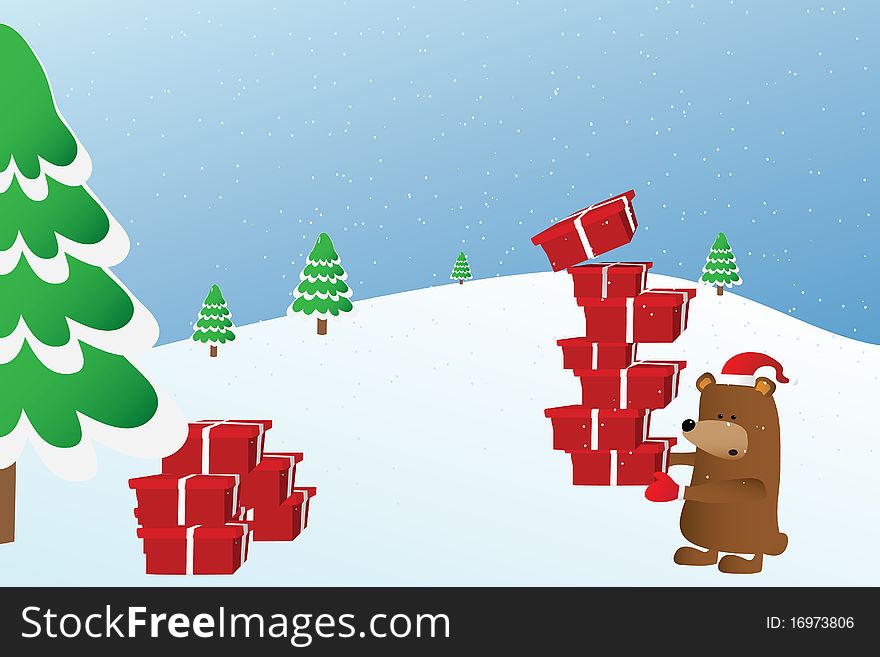 Bear Holding A Gift and trees