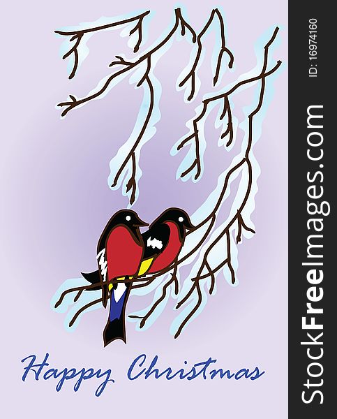 New Year's Christmas picture. Bullfinches sit on a tre