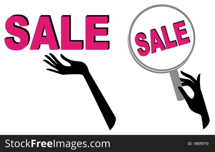 Set of two sale sign icons with hands and magnifier. Set of two sale sign icons with hands and magnifier