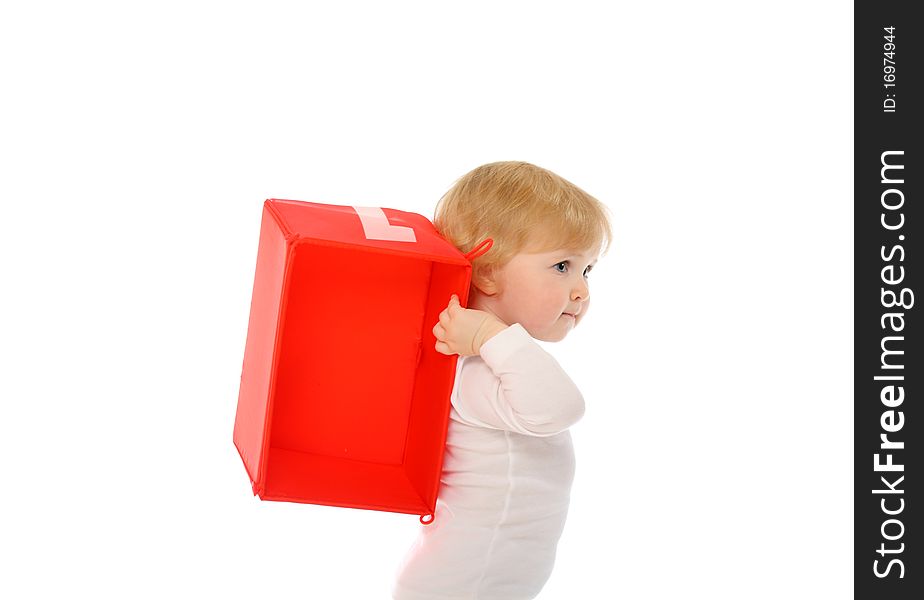 1 year old baby carrying red box behind her back isolated on white. 1 year old baby carrying red box behind her back isolated on white