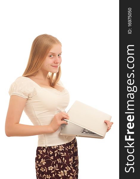 Young adorable businesswoman closing open laptop on white