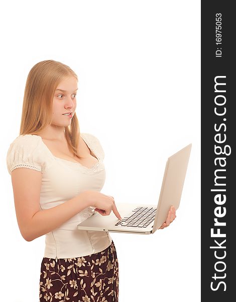 Young adorable businesswoman holding open laptop and showing to the screen confused on white