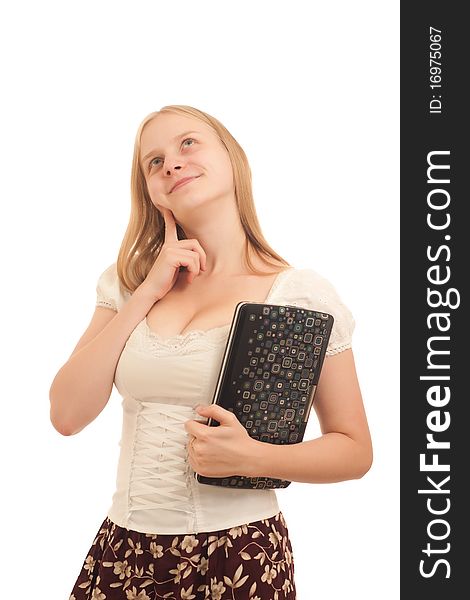 Young adorable carefree businesswoman holding laptop on white