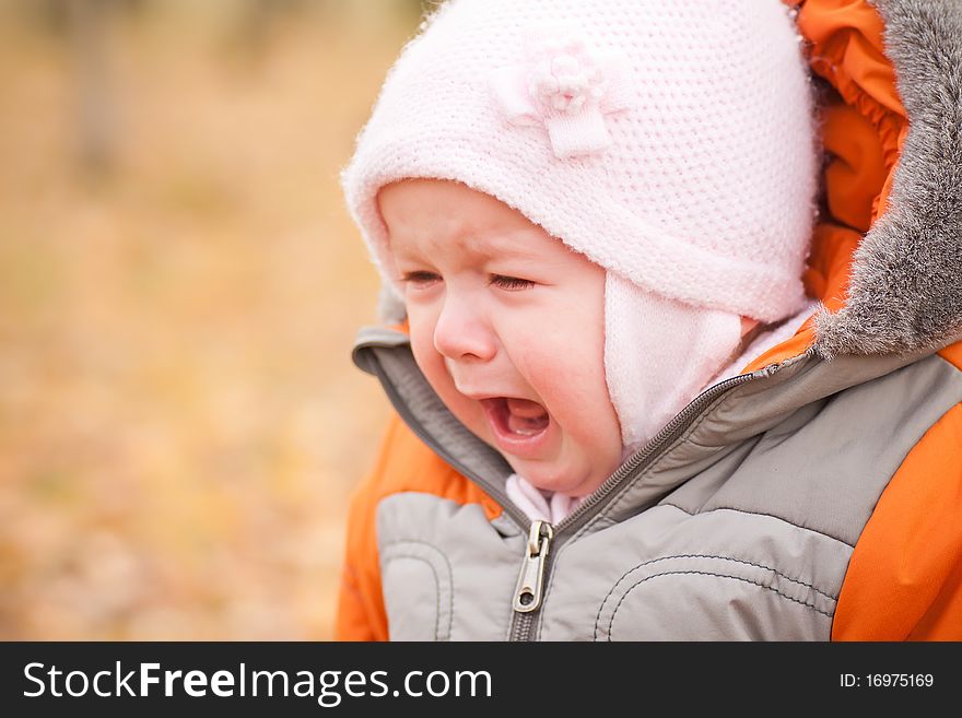 Cute disappointed screaming baby stay in forest park. Cute disappointed screaming baby stay in forest park