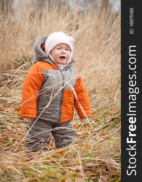 Crying baby walking in high autumn grass in field. Crying baby walking in high autumn grass in field