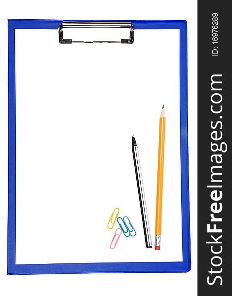 Blue clipboard with paper, pen and pencil isolated on white background. Blue clipboard with paper, pen and pencil isolated on white background