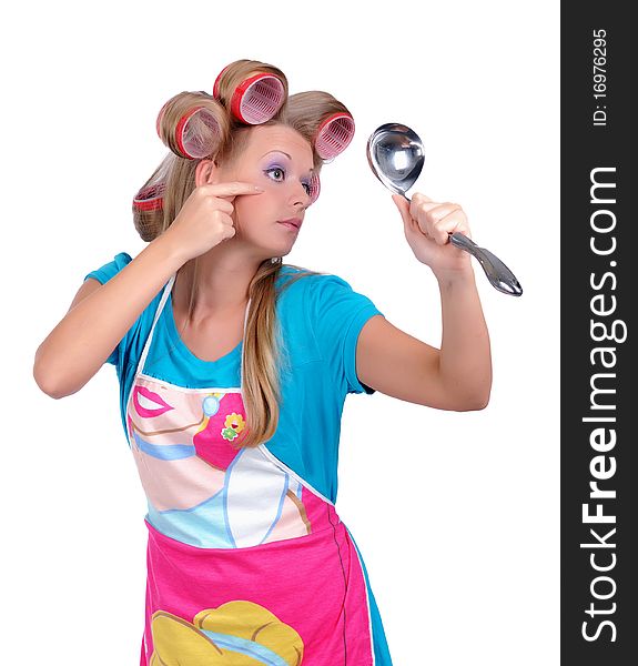 Funny housewife in curlers on a white background