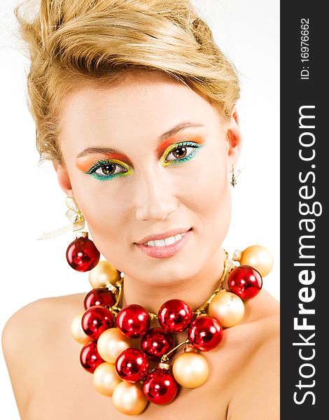 Amazing smiling young woman with necklace from xmas balls. Amazing smiling young woman with necklace from xmas balls