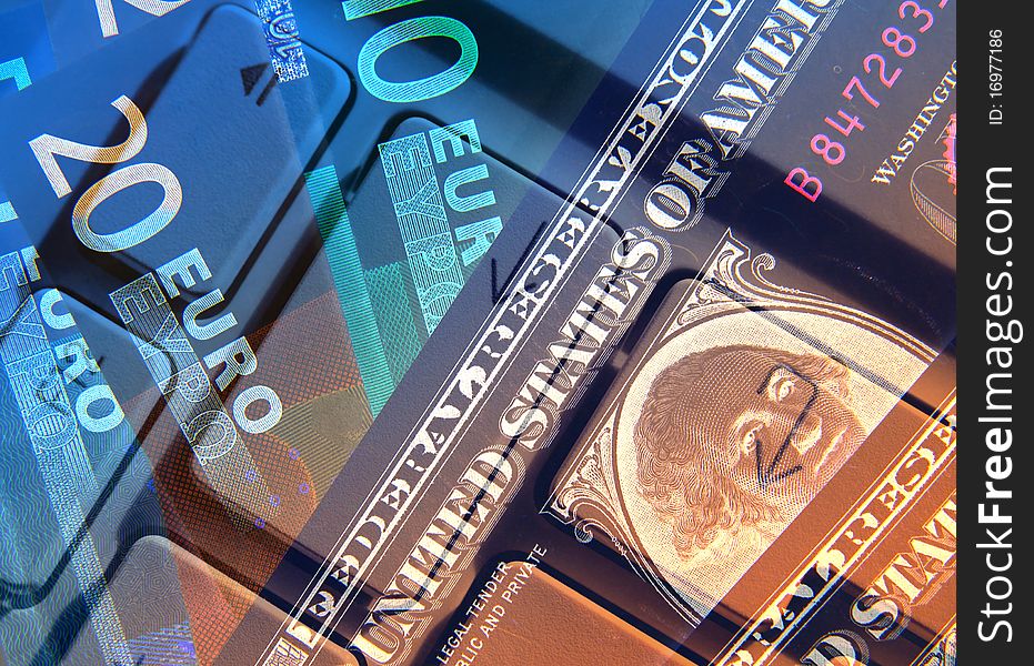 Dollar and Euro banknotes overlaid with keyboard abstract. Dollar and Euro banknotes overlaid with keyboard abstract