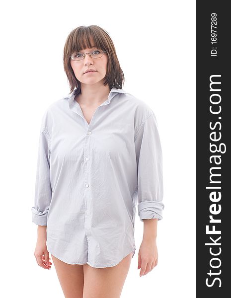Woman with man's shirt isolated. Woman with man's shirt isolated