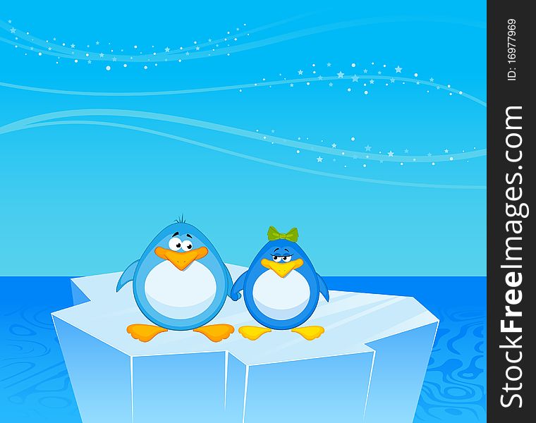 pair of cartoon penguins on an iceberg in an ocean