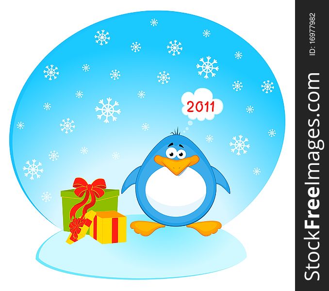 Cartoon penguin with gifts illustration for a design