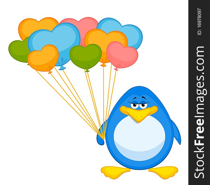 cartoon penguin with balloon illustration for a design