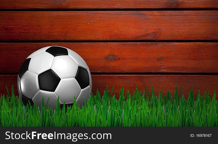 Football on green grass , training on wood background