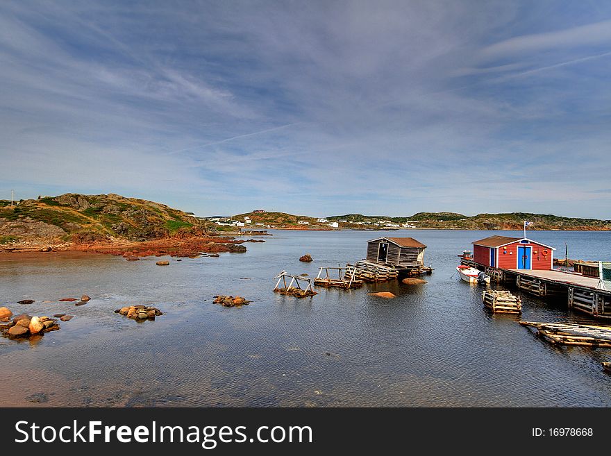 Newfoundland fishing stages on a summers day.