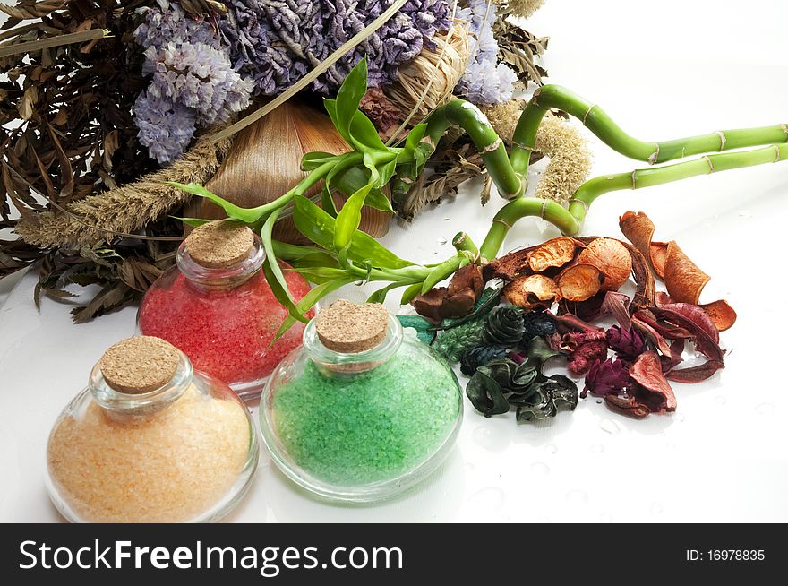 Potpourri, bamboo, dried flowers and climb on a white background. Potpourri, bamboo, dried flowers and climb on a white background