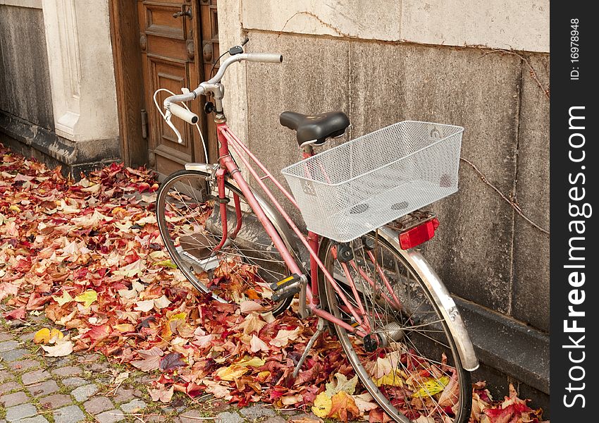 Bicycle standing in the leaves in autumn