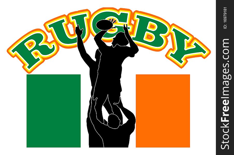 Illustration of rugby player catching line-out throw with Ireland flag in background. Illustration of rugby player catching line-out throw with Ireland flag in background