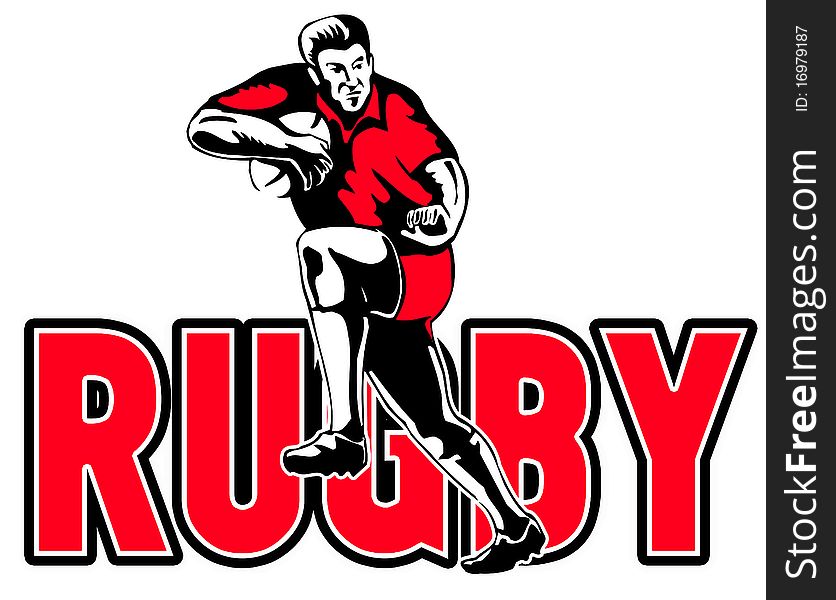 Retro style illustration of a Rugby player running with ball and fending off on white background