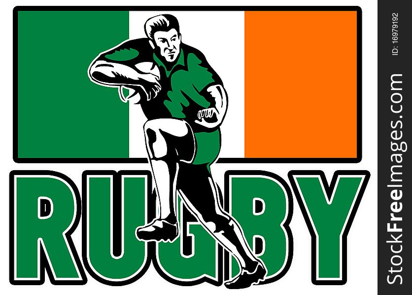 Illustration of rugby player running fending off with Ireland flag in background. Illustration of rugby player running fending off with Ireland flag in background