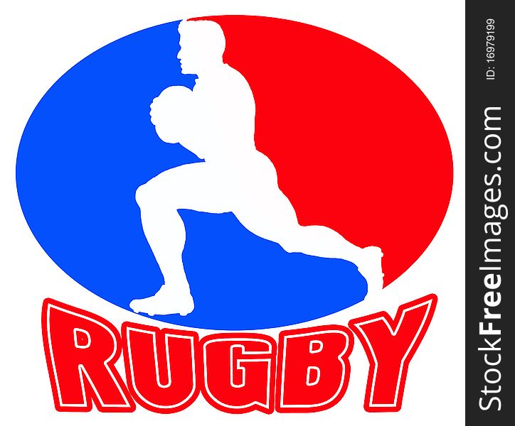 Side view silhouette of a rugby player running with ball set inside a red and blue oval shape with words rugby