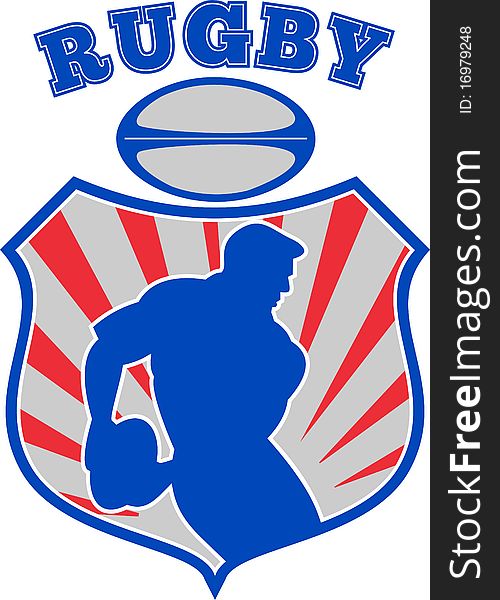 Illustration of a Rugby player silhouette running passing ball inside shield background. Illustration of a Rugby player silhouette running passing ball inside shield background