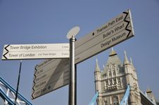 Signpost Beside Tower Bridge, London Royalty Free Stock Photos Signpost Beside Tower Bridge, London Royalty Free Stock Photos