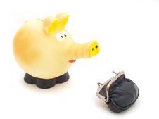 Piggy Piggy Bank With A Black Purse Royalty Free Stock Images