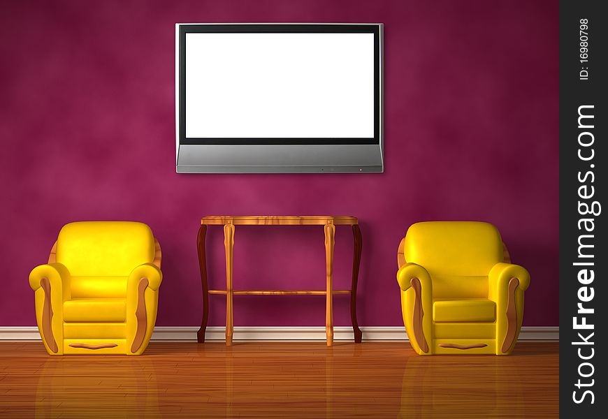 Two chairs with wooden console and lcd tv in purple interior
