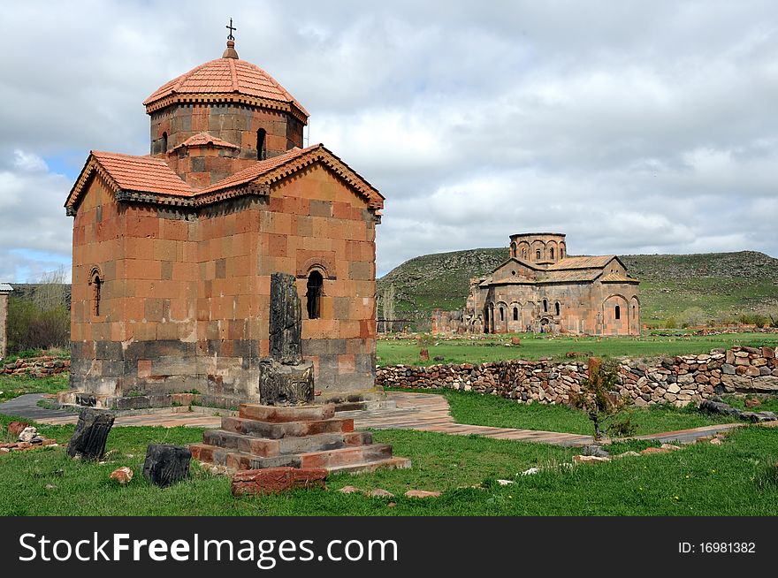 Old medieval church against blue sky background. Old medieval church against blue sky background