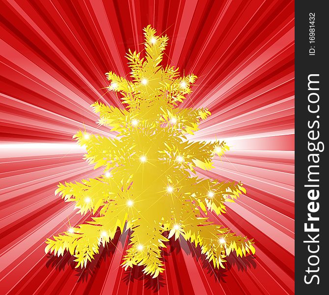 Illustration, gold new year's fir tree on red background