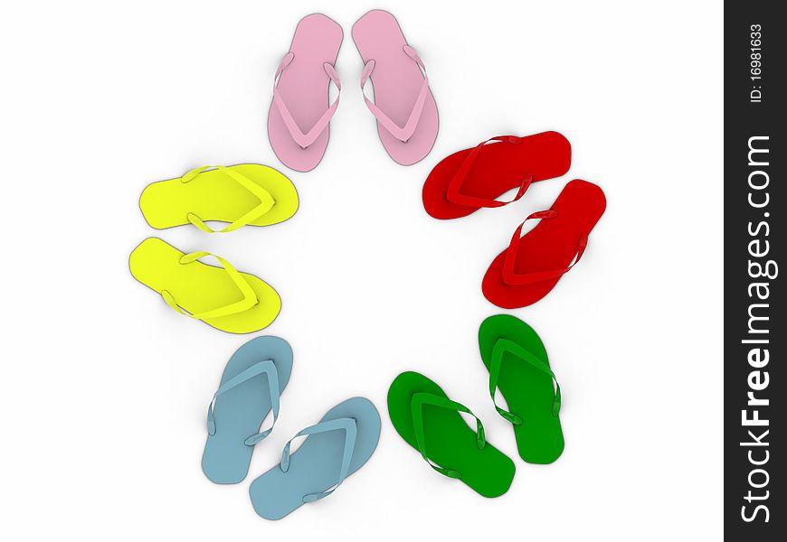 Colored flip-flops isolated on white background