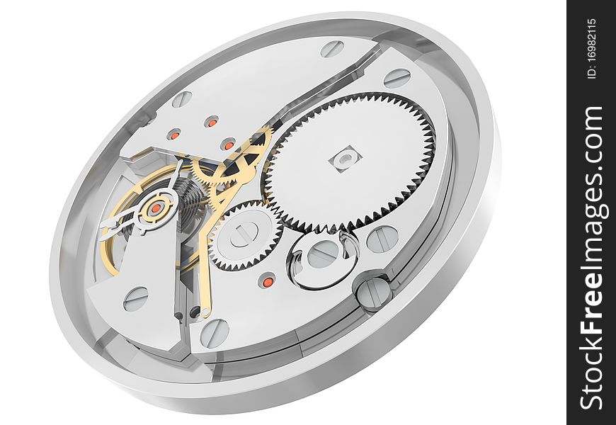 The mechanism of hours with gears and springs isolated on a white background