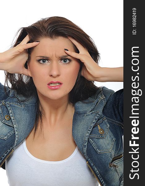 Young attractive woman is terrified and angry. white background