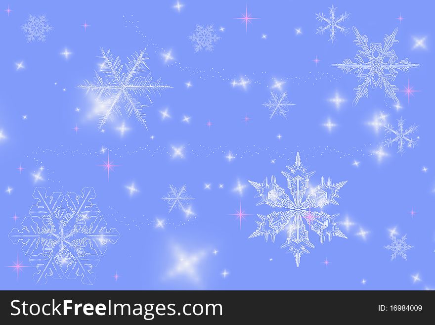 Light violet-blue background with white various shaped snowflakes. Light violet-blue background with white various shaped snowflakes.