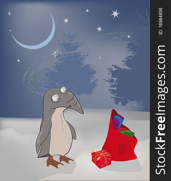 Penguin with a bag with gifts on a night winter background. Penguin with a bag with gifts on a night winter background