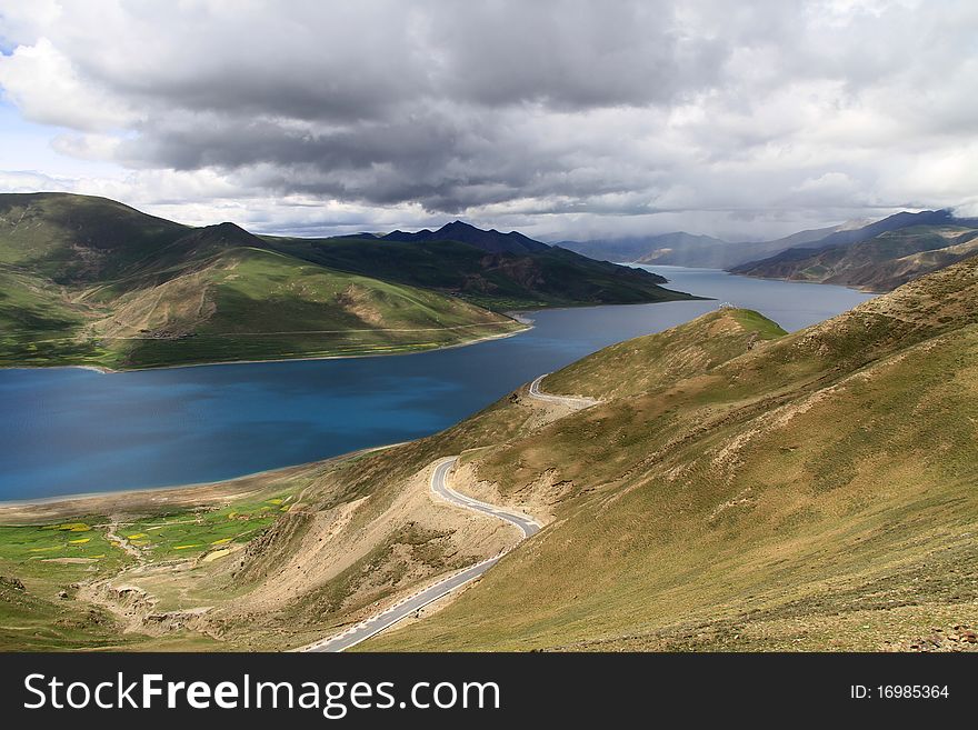 The yamdrok holy lake in tibet. The yamdrok holy lake in tibet