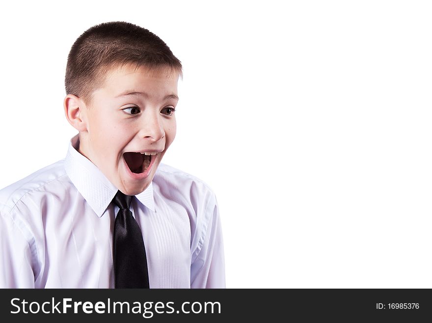 The boy has opened a mouth from surprise, , isolated on white background