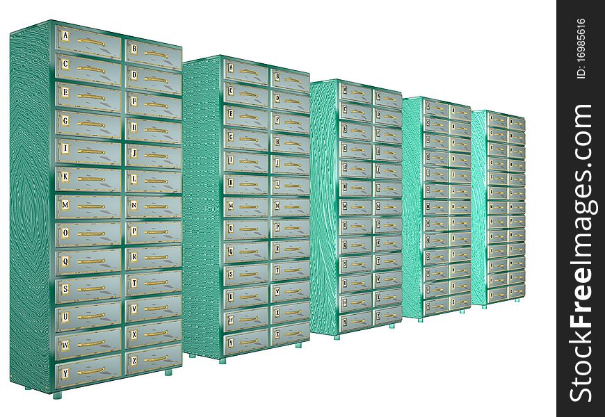 5 archival cases in green-gray palette. Landscape orientation.