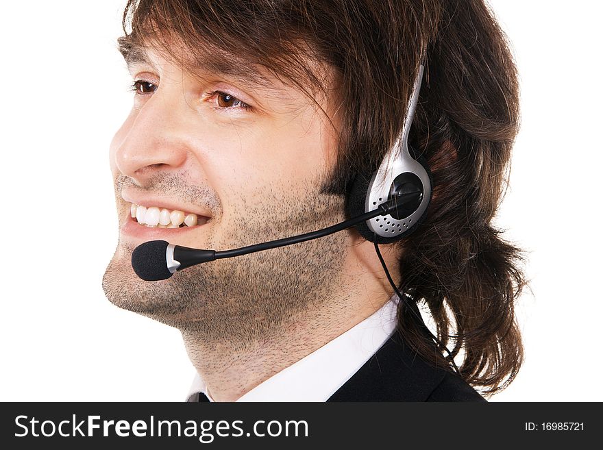 Portrait of a happy young businessman with headset isolated over white background