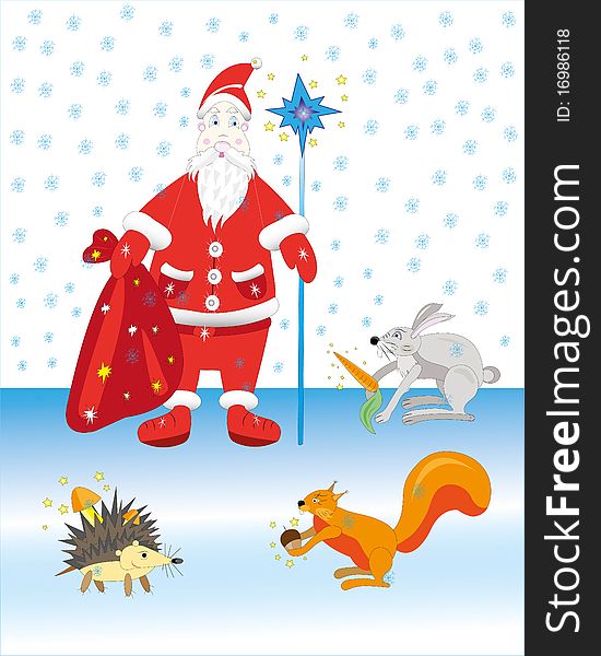 Santa Claus distributes gifts to animals. Illustration. Vector