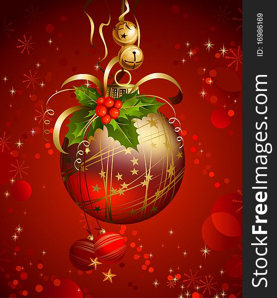 One shiny ball on the red Christmas background. One shiny ball on the red Christmas background