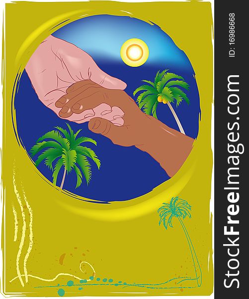 White man's hand holding the hand of a black man. Vector. White man's hand holding the hand of a black man. Vector.