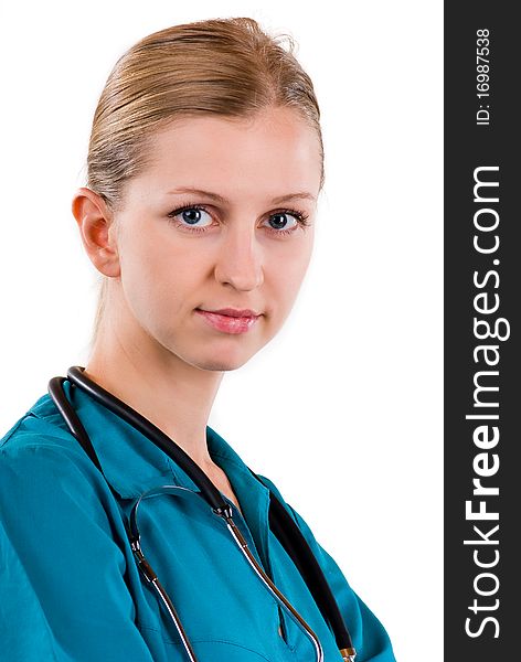 Young female medical doctor with stethoscope isolated on white. Young female medical doctor with stethoscope isolated on white