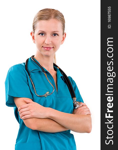 Young female doctor smiling with stethoscope; arms crossed; vertical; isolated on white. Young female doctor smiling with stethoscope; arms crossed; vertical; isolated on white