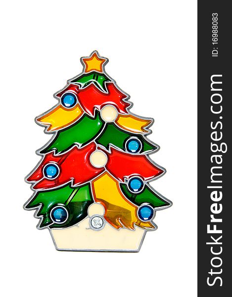 Colorful christmas tree decoration made from stained glass isolated on white background