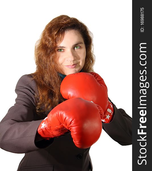 Business Woman with Boxing Gloves is fighting against Company