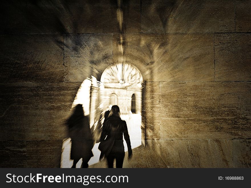 Walking collage with women walking through old gateway in Oxford, Oxfordshire, England.