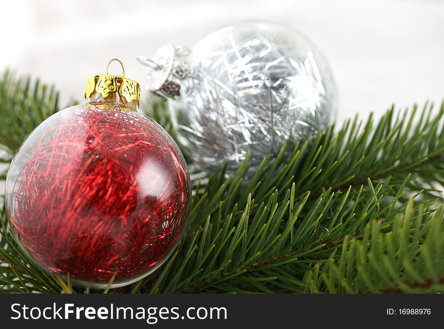 Two Christmas decoration bubbles on pine tree bunch. Two Christmas decoration bubbles on pine tree bunch