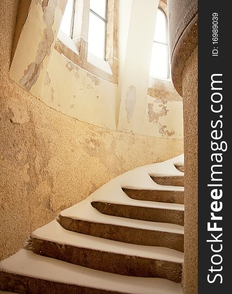 Stairs in winter with snow, indoor.